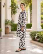 2 Piece Stitched Lawn Suit – Black & Ivory Leaf Print
