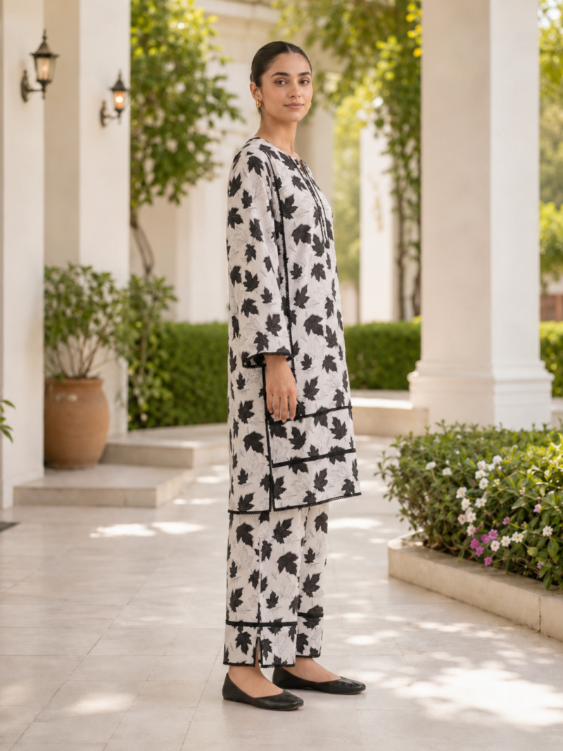 2 Piece Stitched Lawn Suit – Black & Ivory Leaf Print