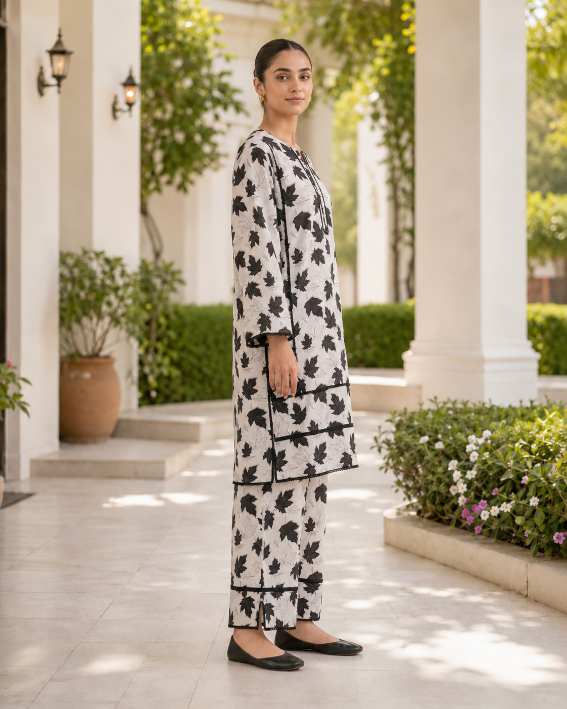 2 Piece Stitched Lawn Suit – Black & Ivory Leaf Print