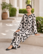 2 Piece Stitched Lawn Suit – Black & Ivory Leaf Print