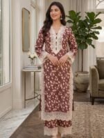 Best 2PC Stitched Lawn Suit - Maroon Botanical Print with Premium Lace | AR PEHNAWA