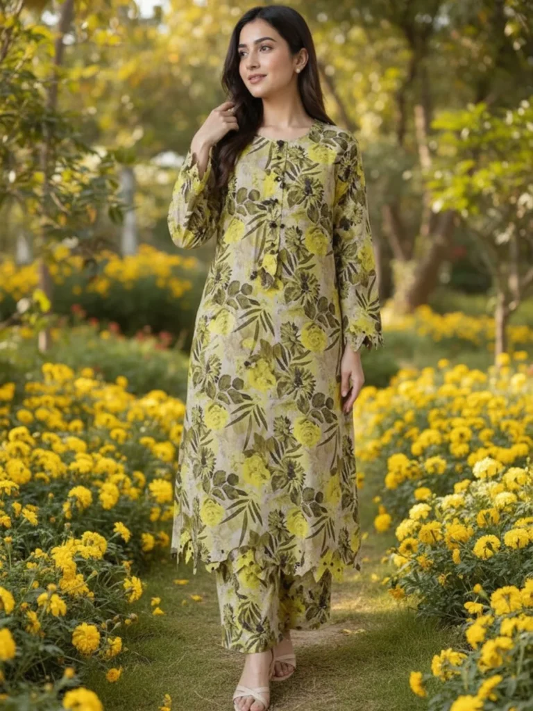 2 Piece Stitched Lawn Suit - Yellow Floral Print