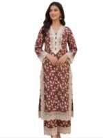 Best 2PC Stitched Lawn Suit - Maroon Botanical Print with Premium Lace | AR PEHNAWA