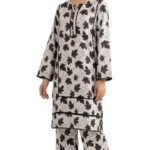 Best 2PC Lawn Stitched – Black & Ivory Leaf Print Suit | AR PEHNAWA