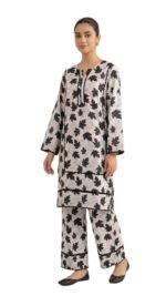 Best 2PC Lawn Stitched – Black & Ivory Leaf Print Suit | AR PEHNAWA