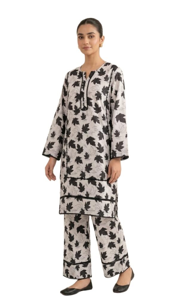 Best 2PC Lawn Stitched – Black & Ivory Leaf Print Suit | AR PEHNAWA