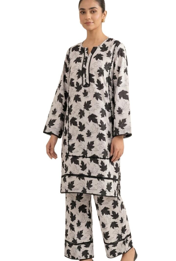 Best 2PC Lawn Stitched – Black & Ivory Leaf Print Suit | AR PEHNAWA
