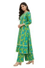 Green 2-piece lawn floral suit side view for women