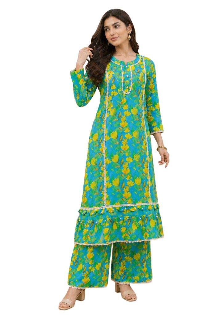 Women 2-Piece Lawn Floral Stitched Suit Green Front View