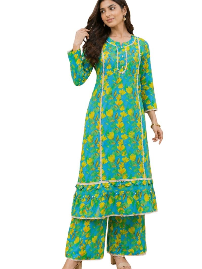 Women 2-Piece Lawn Floral Stitched Suit Green Front View