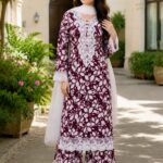 2 Piece Stitched Lawn Suit - Maroon Botanical Lace