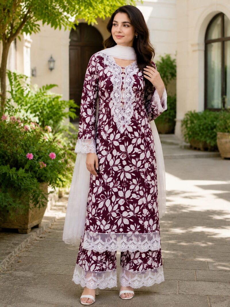 2 Piece Stitched Lawn Suit - Maroon Botanical Lace