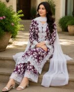 2 Piece Stitched Lawn Suit - Maroon Botanical Lace