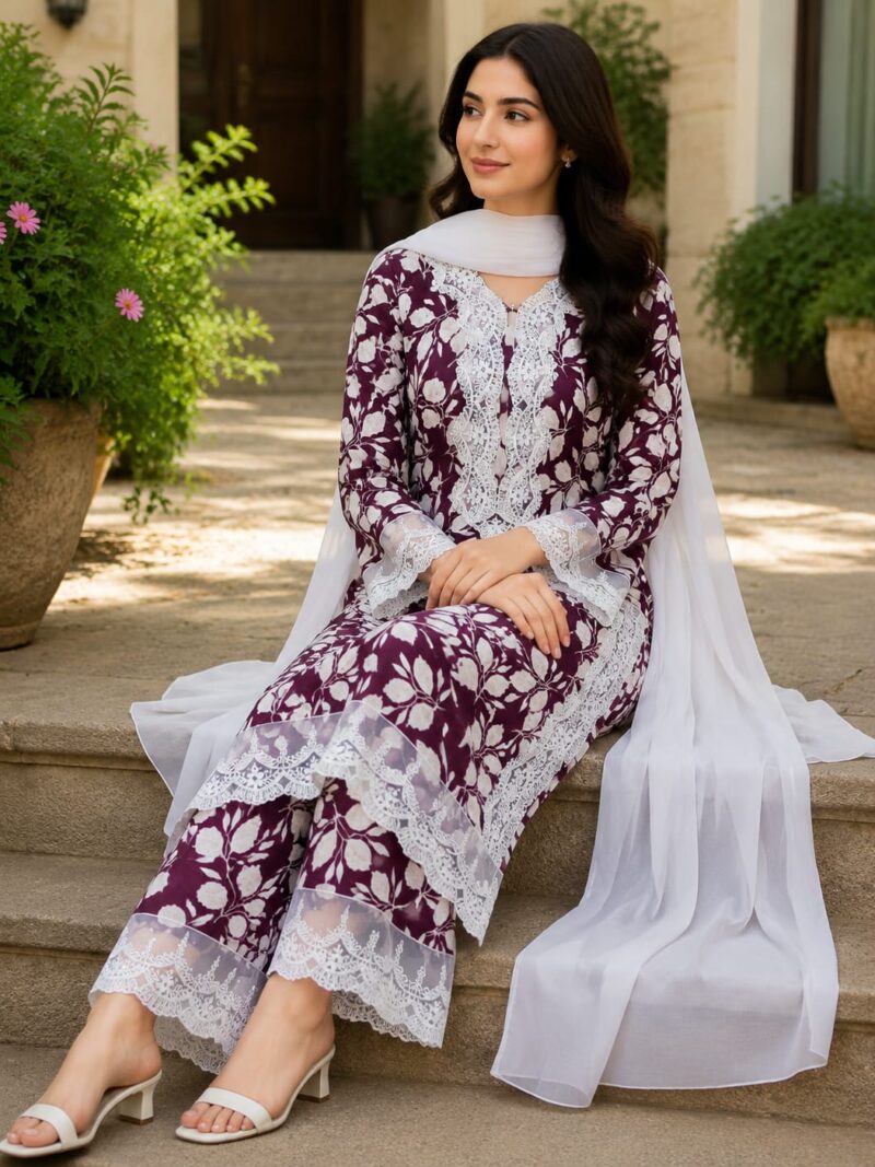 2 Piece Stitched Lawn Suit - Maroon Botanical Lace