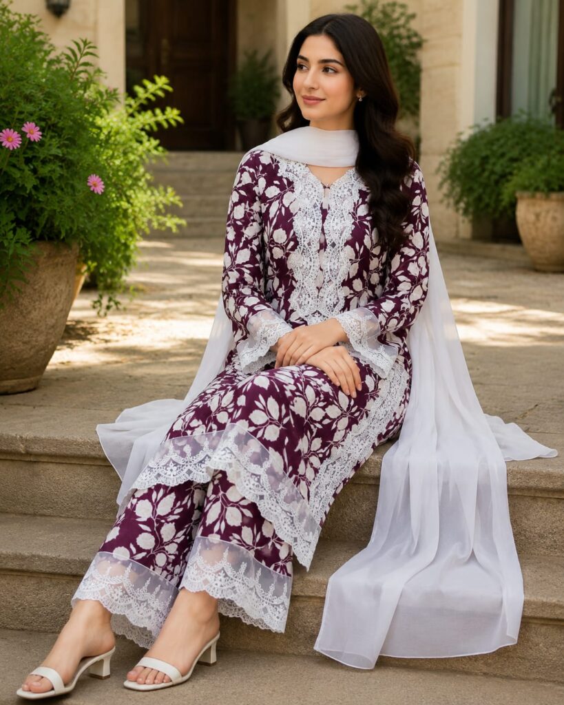 2 Piece Stitched Lawn Suit - Maroon Botanical Lace