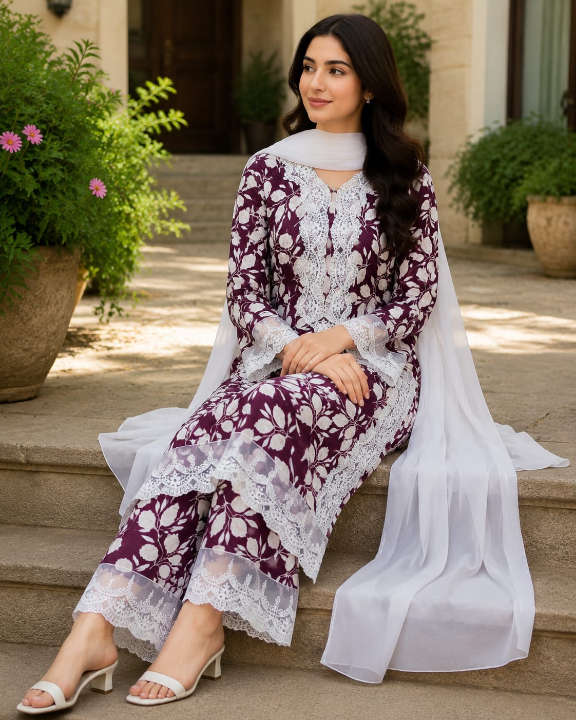 2 Piece Stitched Lawn Suit - Maroon Botanical Lace