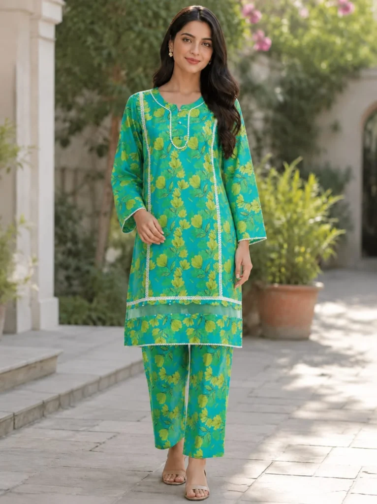 2 Piece Stitched Lawn Suit - Green Floral Palazzo