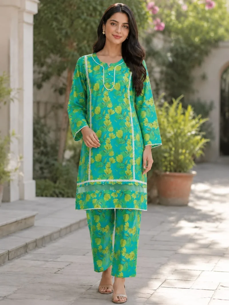 2 Piece Stitched Lawn Suit - Green Floral Palazzo