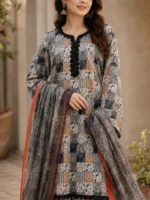 Black printed lawn suit with matching printed trouser and crepe dupatta for women by AR Pehnawa