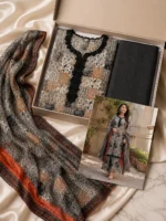 Black printed lawn suit with matching printed trouser and crepe dupatta for women by AR Pehnawa