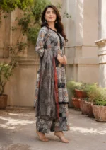 Black printed lawn suit with matching printed trouser and crepe dupatta for women by AR Pehnawa