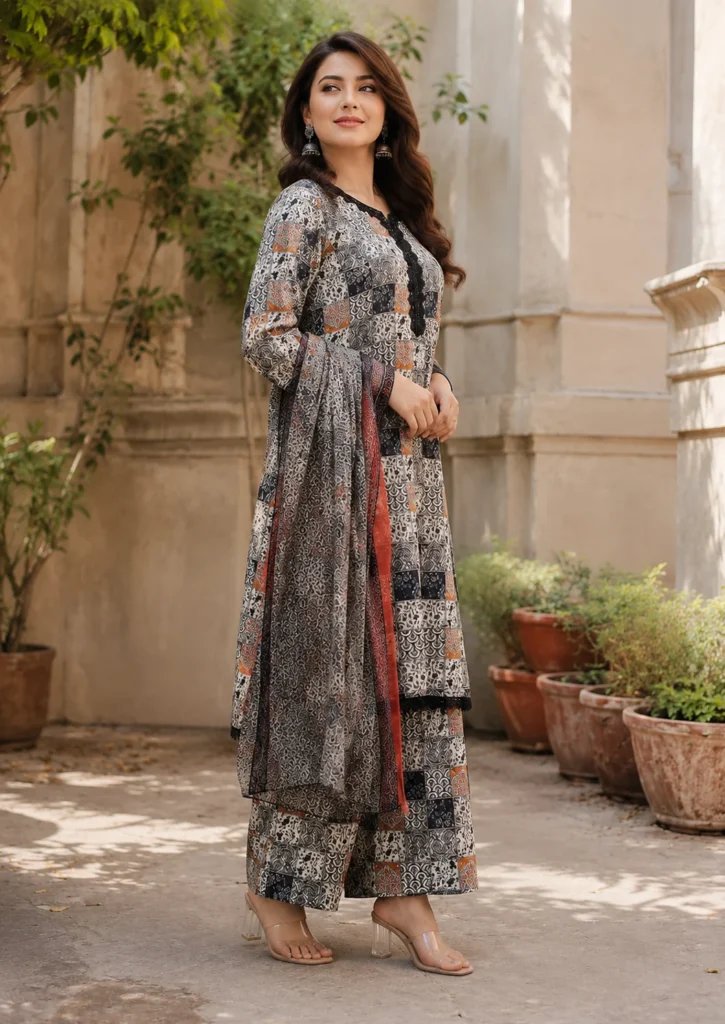Black printed lawn suit with matching printed trouser and crepe dupatta for women by AR Pehnawa
