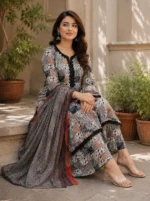 Black printed lawn suit with matching printed trouser and crepe dupatta for women by AR Pehnawa