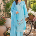Light blue 3-piece cotton embroidered suit front view with dupatta.