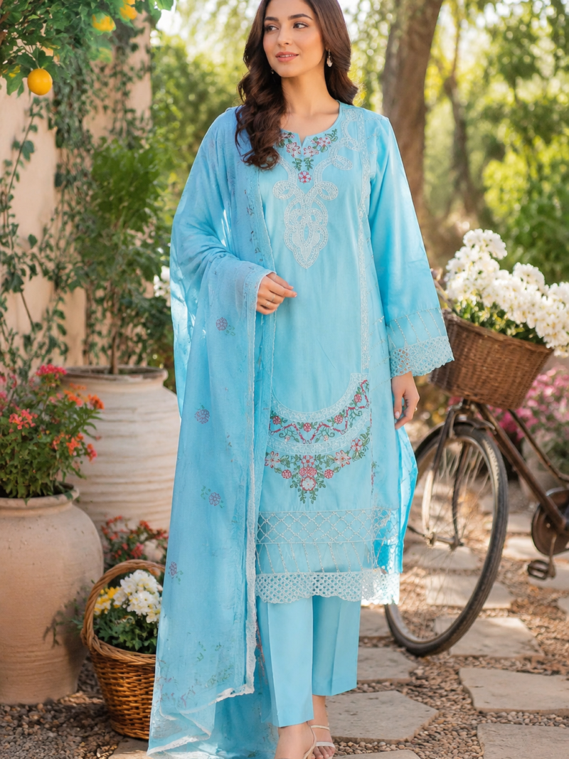 Light blue 3-piece cotton embroidered suit front view with dupatta.