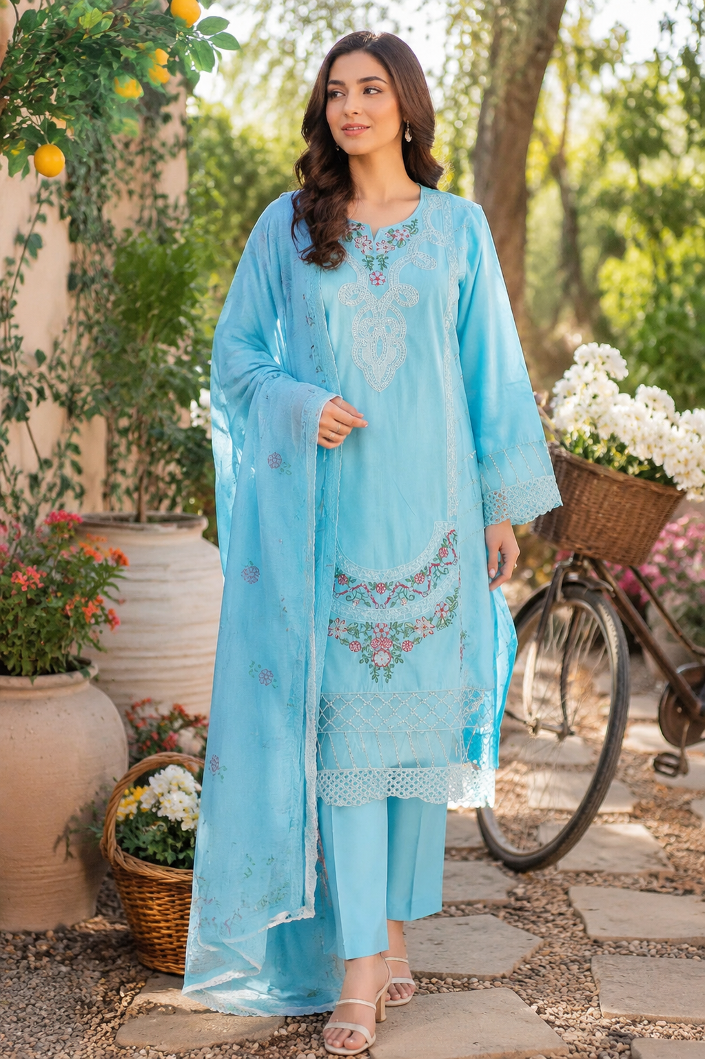 Light blue 3-piece cotton embroidered suit front view with dupatta. Light blue 3-piece cotton embroidered suit front view with dupatta.