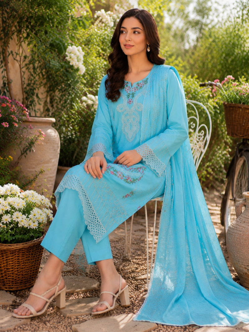 3-piece cotton embroidered suit