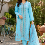 Light blue 3 piece cotton embroidered suit for women with matching dupatta