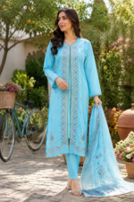 Light blue 3 piece cotton embroidered suit for women with matching dupatta
