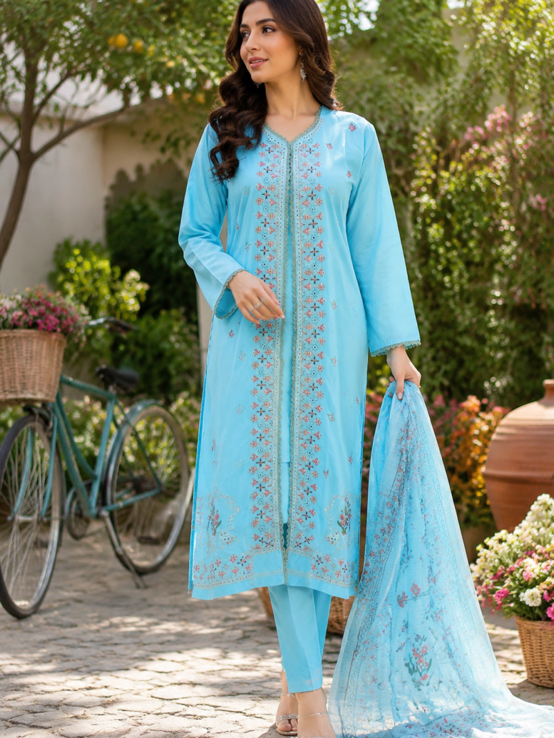 Light blue 3 piece cotton embroidered suit for women with matching dupatta