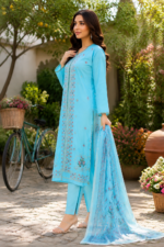 Light blue 3 piece cotton embroidered suit for women with matching dupatta