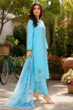 Light blue 3 piece cotton embroidered suit for women with matching dupattaLight blue 3 piece cotton embroidered suit for women with matching dupatta