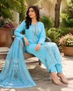 Light blue 3 piece cotton embroidered suit for women with dupatta