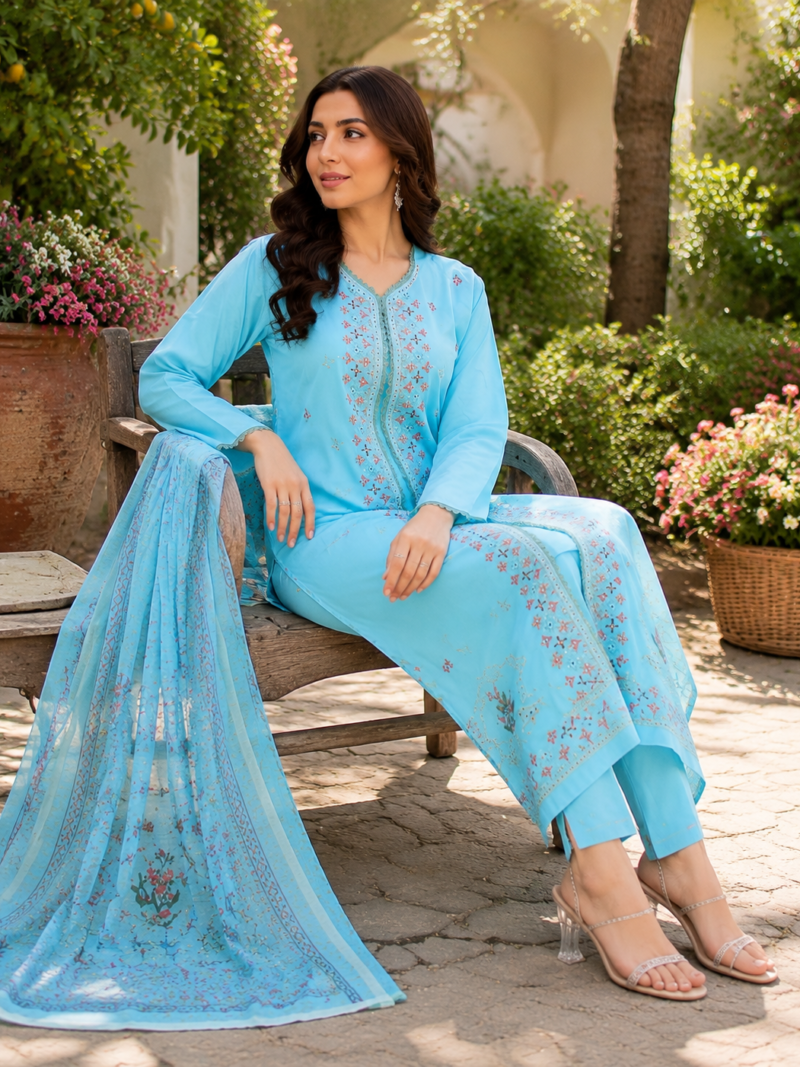 Light blue 3 piece cotton embroidered suit for women with matching dupatta