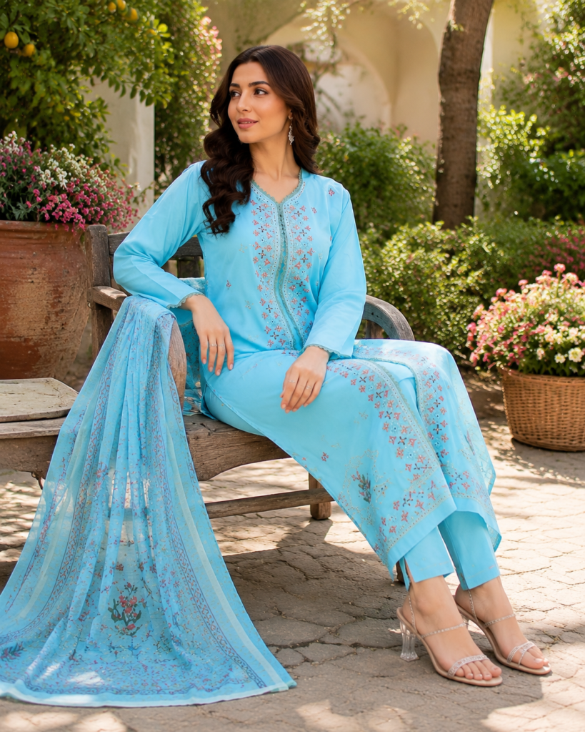Light blue 3 piece cotton embroidered suit for women with matching dupatta