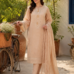 Beige 3 Piece Cotton Embroidered Suit