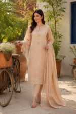 Beige 3 Piece Cotton Embroidered Suit