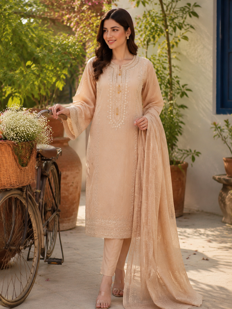 Beige 3 Piece Cotton Embroidered Suit