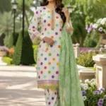 white multicolor polka dot 3 piece stitched lawn suit with light green dupatta for women