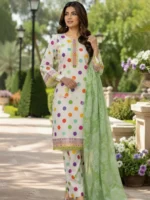 white multicolor polka dot 3 piece stitched lawn suit with light green dupatta for women