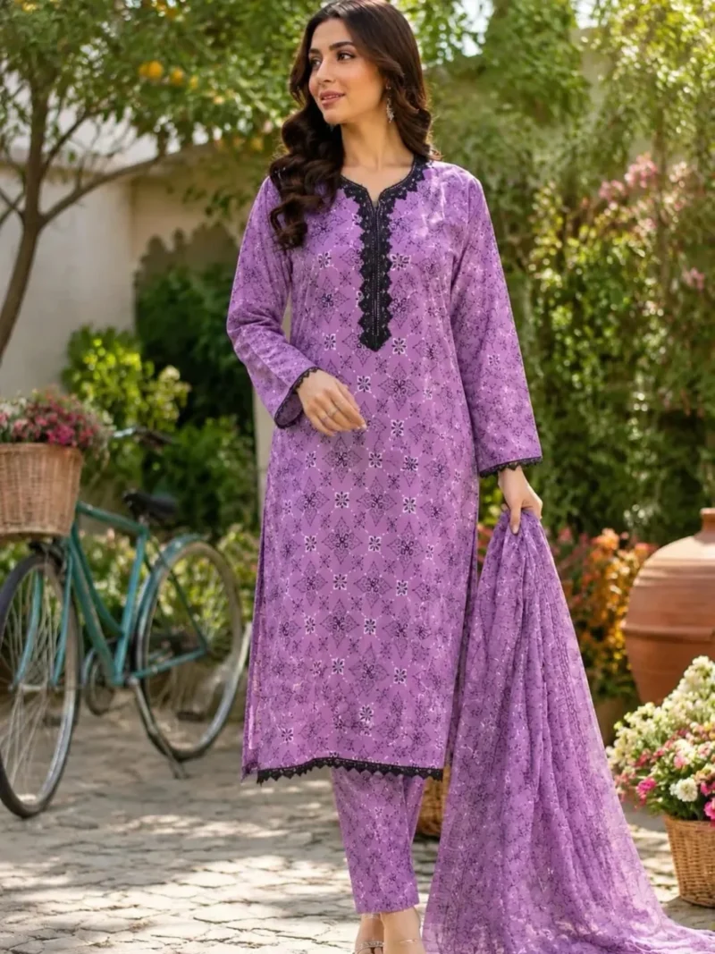 3 piece purple printed lawn suit for women ready to wear