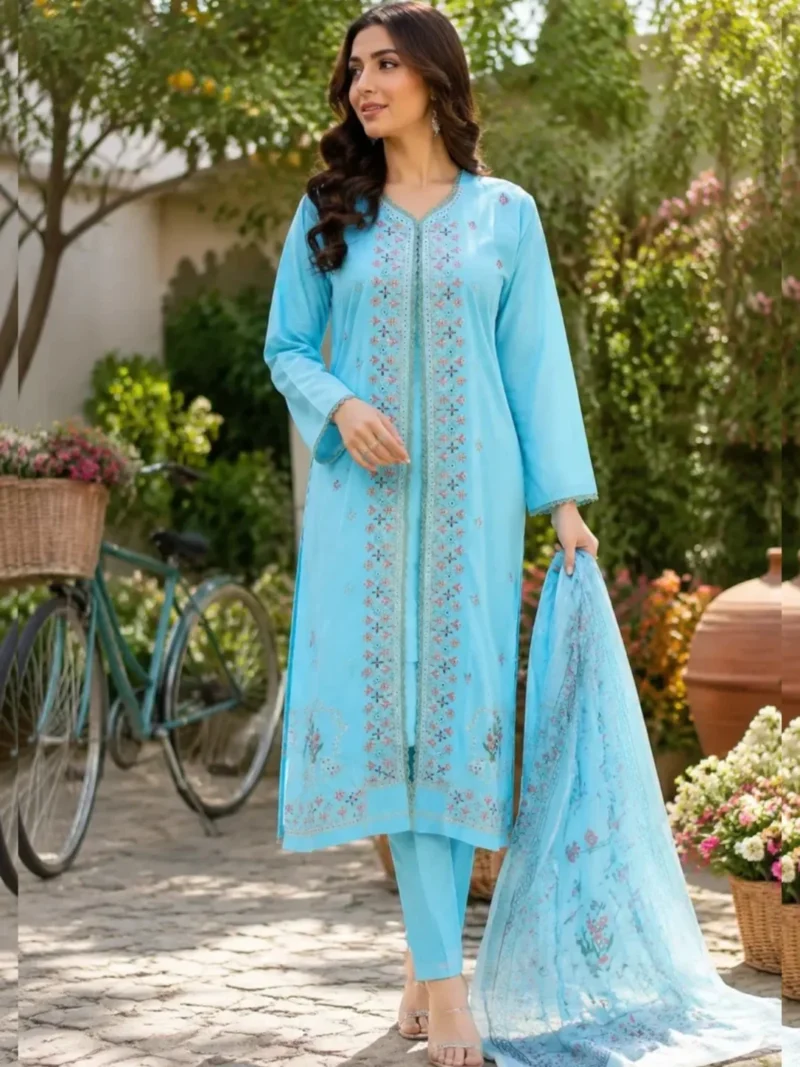 Coffee brown embroidered 3 piece stitched cotton suit with dupatta