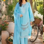 Light blue 3-piece cotton embroidered suit front view with dupatta.
