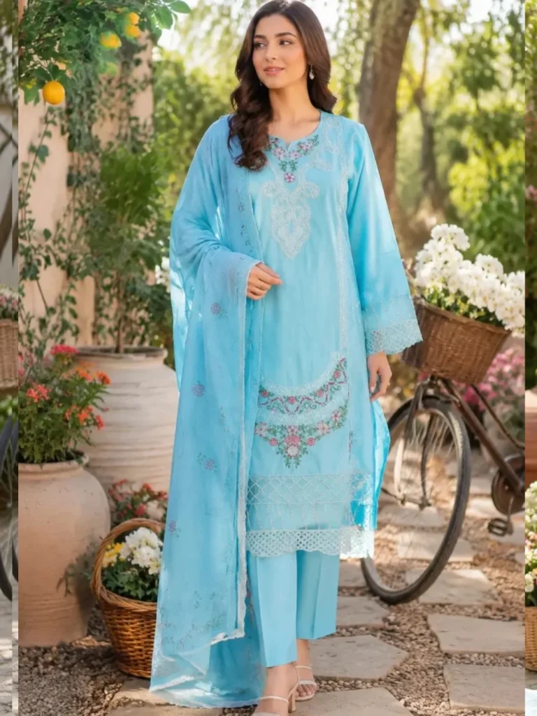Light blue 3-piece cotton embroidered suit front view with dupatta.