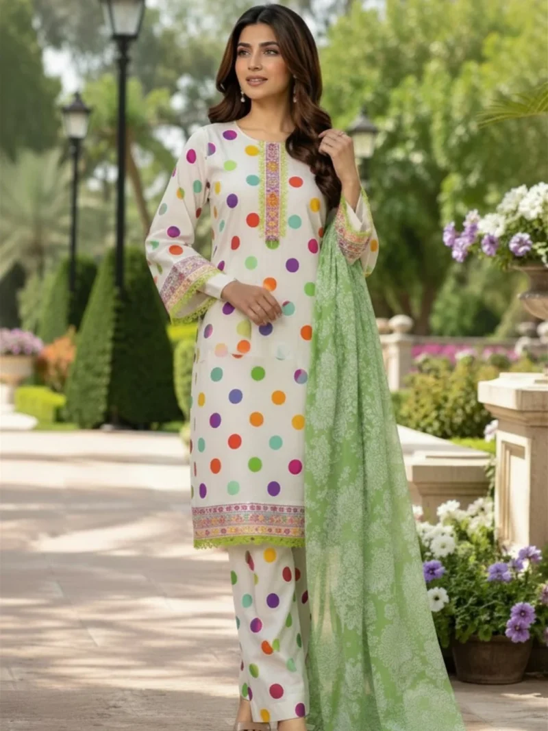 white multicolor polka dot 3 piece stitched lawn suit with light green dupatta for women