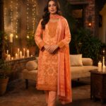 Peach printed embroidered 3 piece lawn suit with dupatta